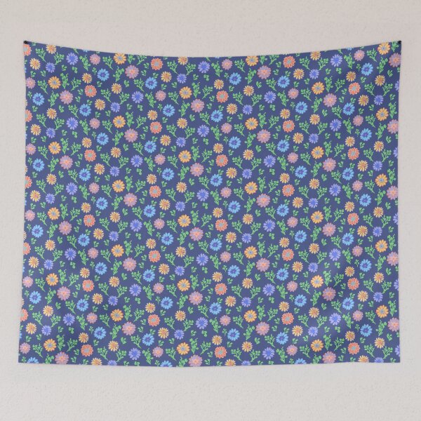 Item preview, Fun Flowers Half-Drop on Slate Blue 45548b designed and sold by Art in My Loft.