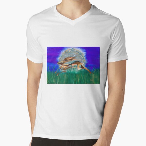 Running Hare Racing the Moon V-Neck T-Shirt