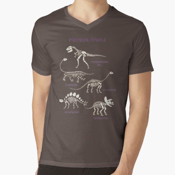 Dinosaur Fossils - cream on brown - Fun graphic pattern by Cecca Designs V-Neck T-Shirt