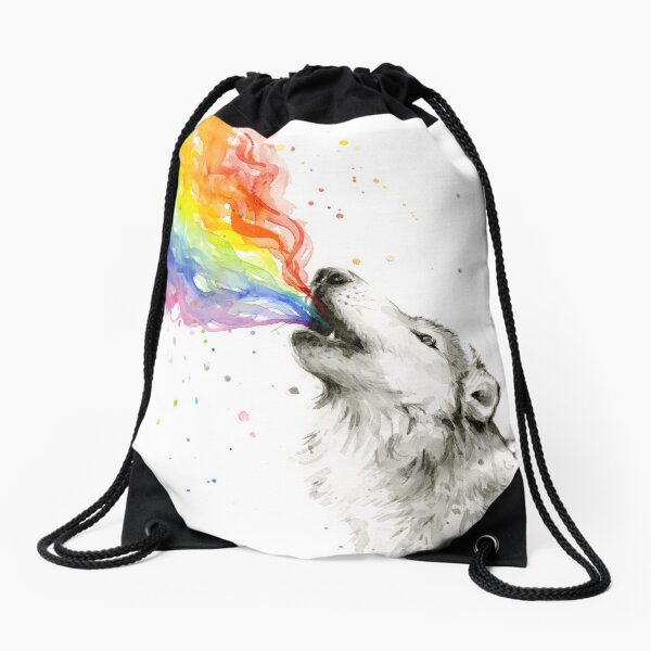 Wolf Howling Rainbow Drawstring Bag