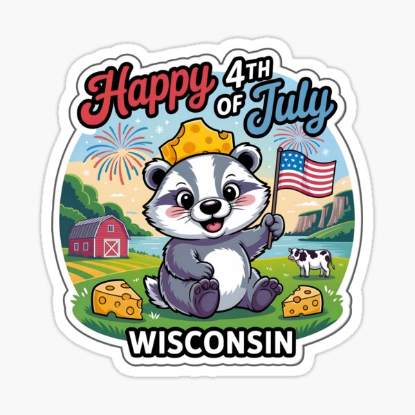 Vista previa del artículo con la obra «Pegatina de tejón conmemorativo del 4 de julio de Wisconsin | Animal patriótico con sombrero de cabeza de queso y bandera estadounidense», diseñado y vendido por Nuist25.