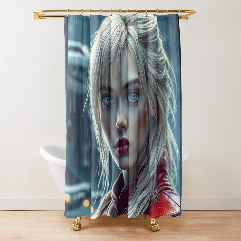 Captivating Portrait Of Charlotte Lieselotte In Red Leather Amidst The Rain Mesmerizing AI Concept Art by Xzendor7 Decorative Art Print Shower Curtain