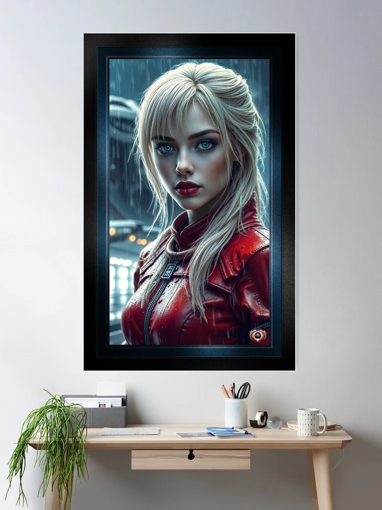 Captivating Portrait Of Charlotte Lieselotte In Red Leather Amidst The Rain Mesmerizing AI Concept Art by Xzendor7 Room Decor Poster Art Print