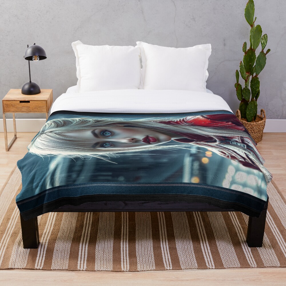 Captivating Portrait Of Charlotte Lieselotte In Red Leather Amidst The Rain Mesmerizing AI Concept Art by Xzendor7 Decorative Art Print Throw Blanket