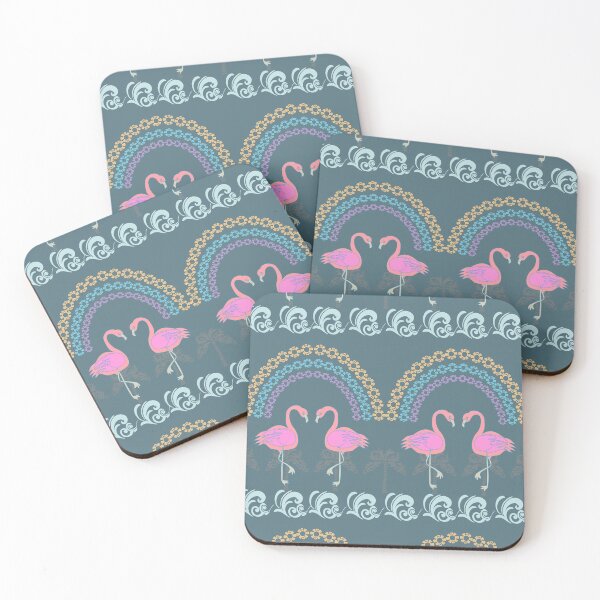 Item preview, Boho Flamingo Pattern – Tropical Pink Birds with Rainbow & Waves on Dark Blue designed and sold by Kreatienizta.