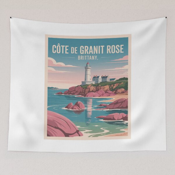 Artikelvorschau, Retro Vintage Bretagne-Poster Reiseplakat – Côte de Granit Rose mit Leuchtturm & Rosa Felsen entworfen und verkauft von pod24.