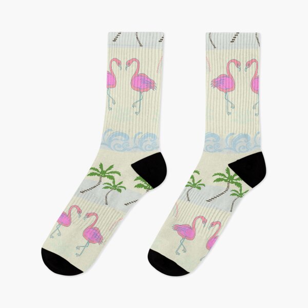 Item preview, Tropical Flamingo Seamless Pattern – Pink Birds with Palm Trees & Waves on Cream Background designed and sold by Kreatienizta.