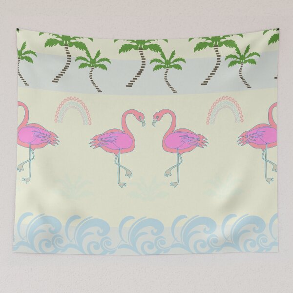 Item preview, Tropical Flamingo Seamless Pattern – Pink Birds with Palm Trees & Waves on Cream Background designed and sold by Kreatienizta.