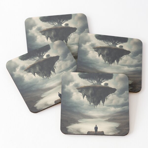Item preview, Floating Island Fantasy Art: Surreal Landscape, Mysterious Tree, Lone Figure designed and sold by echowood26.