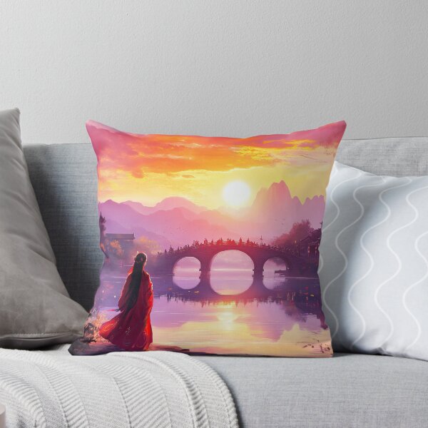 Item preview, Japanese girl in red dress watching sunset over village - Oriental art designed and sold by TheArtistOf2022.