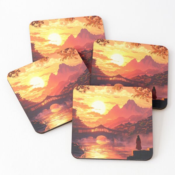 Item preview, Japanese girl in red dress watching sunset over village - Oriental art designed and sold by TheArtistOf2022.