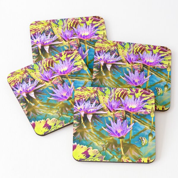 Item preview, Purple Water Lilies on a Vibrant Pond – Blended Photo Painting on Canvas designed and sold by Pamela Storch.
