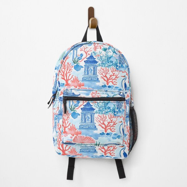 Artikelvorschau, Grandmillennial Coastal Chinoiserie Toile Koralle & Blaue Pagodenreihermuscheln entworfen und verkauft von SophieClimaArt.
