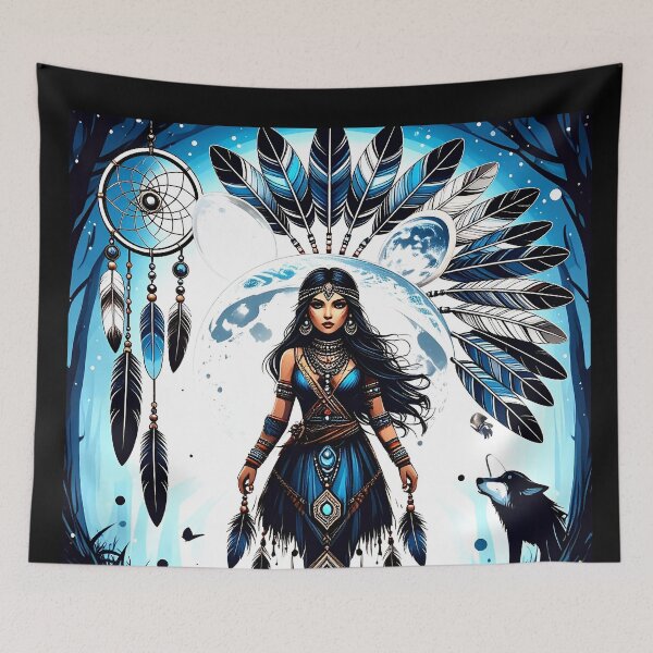 Item preview, Spirit Walker – Native American warrior in the mystical forest with glowing symbols designed and sold by Hamdy est 1985.