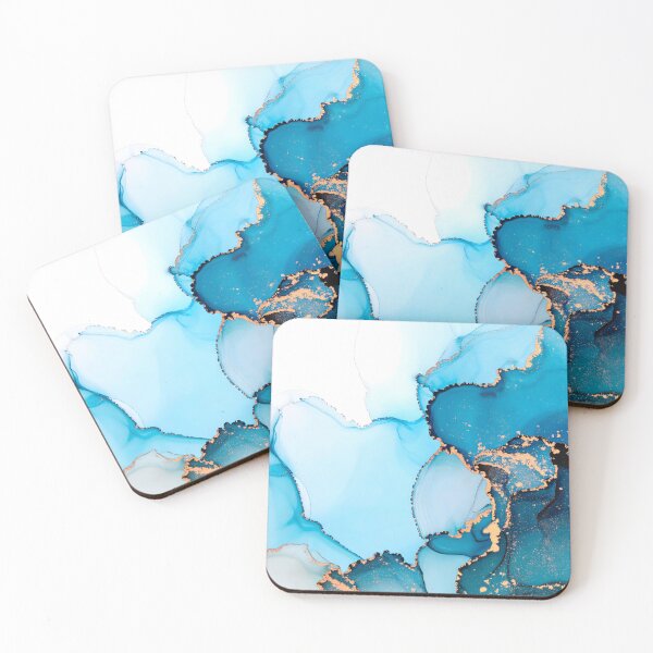 Item preview, An artistic abstract background with flowing blue and teal ink washes, accented by shimmering gold lines and splatters, on a white canvas designed and sold by homydesign.