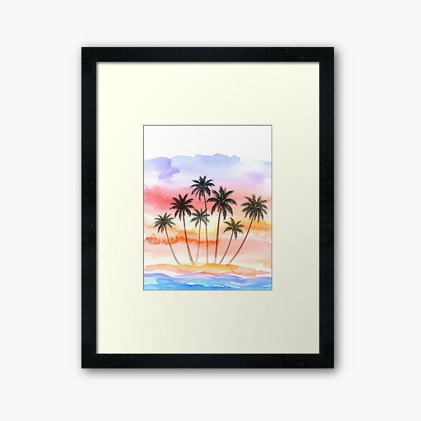 Item preview, A serene watercolor painting depicts a small island with palm trees against a vibrant, colorful sunset sky and blue ocean waves designed and sold by homydesign.