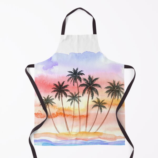 Item preview, A serene watercolor painting depicts a small island with palm trees against a vibrant, colorful sunset sky and blue ocean waves designed and sold by homydesign.
