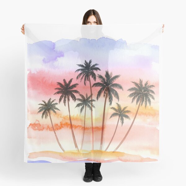 Item preview, A serene watercolor painting depicts a small island with palm trees against a vibrant, colorful sunset sky and blue ocean waves designed and sold by homydesign.
