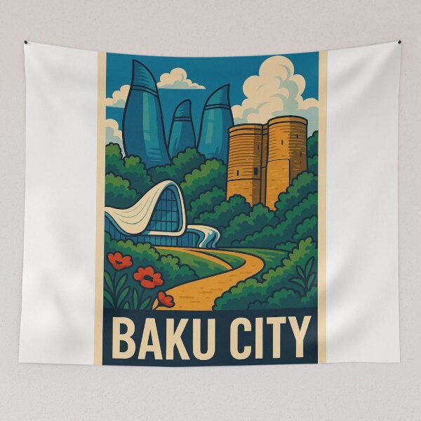 Item preview, Baku Skyline with Flame Towers and Maiden Tower designed and sold by Places On Earth.