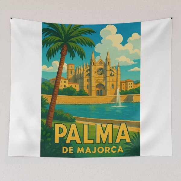 Item preview, Fountain View of Palma de Mallorca Cathedral and Palm Tree designed and sold by Places On Earth.
