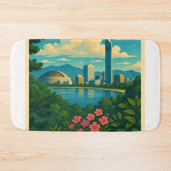 Item preview, Fukuoka Tower from Across the Bay with Blossoms and Hills designed and sold by Places On Earth.