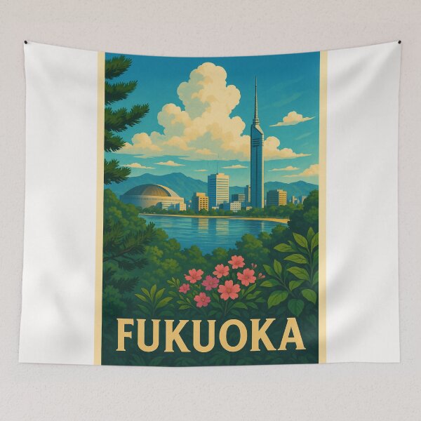 Item preview, Fukuoka Tower from Across the Bay with Blossoms and Hills designed and sold by Places On Earth.