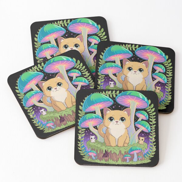 Artikelvorschau, Psychedelische Pilz-Dschungelkatze – Kawaii Chibi-Katze im surrealen Fantasiewald entworfen und verkauft von Darrwea.