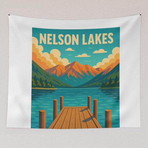 Item preview, Nelson Lakes Wooden Jetty and Sunset Peaks designed and sold by Aryabek.