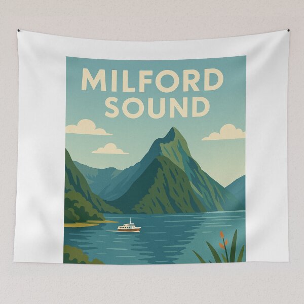 Item preview, Milford Sound Fjord with Tour Boat and Mountains designed and sold by Aryabek.