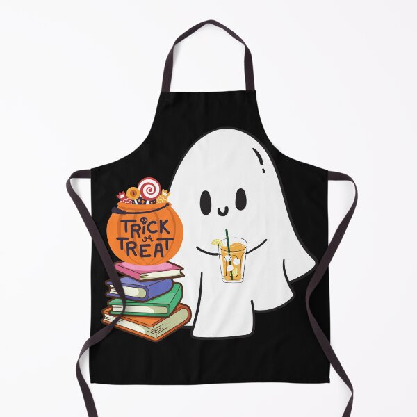 Item preview, "Trick or Treat? No Thanks! – Cute Halloween Ghost Reading a Book and Drinking Orange Juice" designed and sold by nuchy.