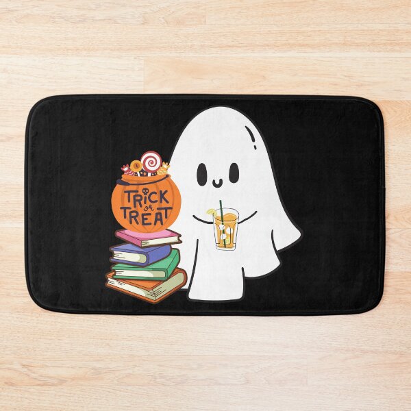 Item preview, "Trick or Treat? No Thanks! – Cute Halloween Ghost Reading a Book and Drinking Orange Juice" designed and sold by nuchy.