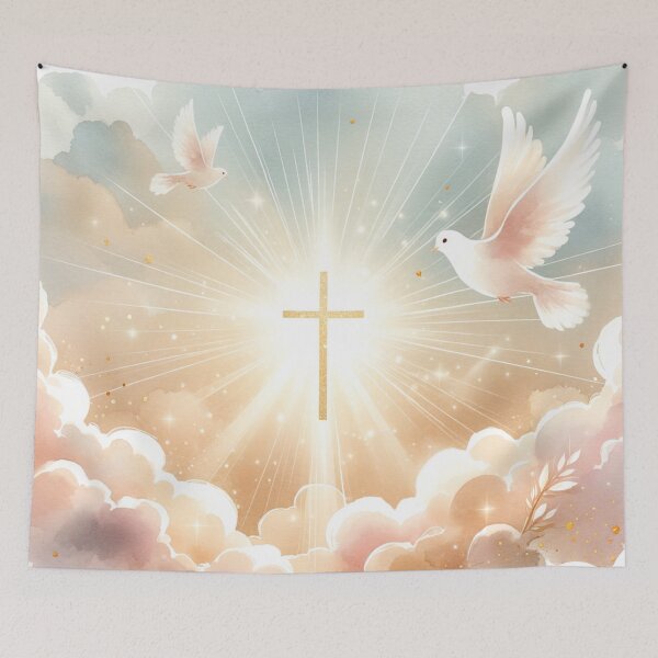 Item preview, Watercolor Painting – Doves and Cross in the Sky with Sun Beams designed and sold by DrewRomeoCo.