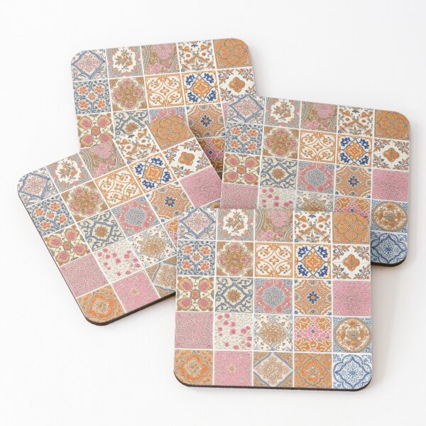 Item preview, Colorful Indian Tile Pattern Art, Jaipur Rajasthan Tiles, Boho Wall Decor, Ethnic Ceramic Tile Illustration, Pink Blue Orange Folk Art, Indian Festival Design designed and sold by Kina-design.