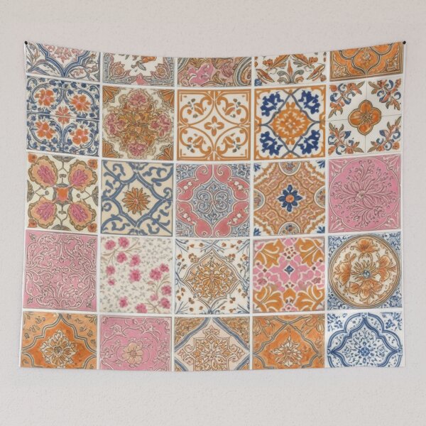 Item preview, Colorful Indian Tile Pattern Art, Jaipur Rajasthan Tiles, Boho Wall Decor, Ethnic Ceramic Tile Illustration, Pink Blue Orange Folk Art, Indian Festival Design designed and sold by Kina-design.