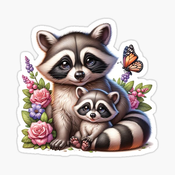 Item preview, Raccoon Mom With Racoon Baby Child Flowers And Butterfly designed and sold by eclecTEEq.