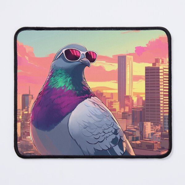 Item preview, Colorful comic pigeon with sunglasses above the city designed and sold by Pigeonarchy.