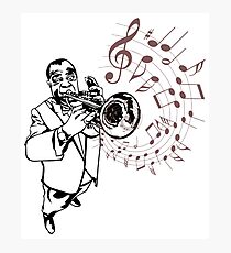 Louis Armstrong Playing Trumpet with musical notes, jazz masters Photographic Print