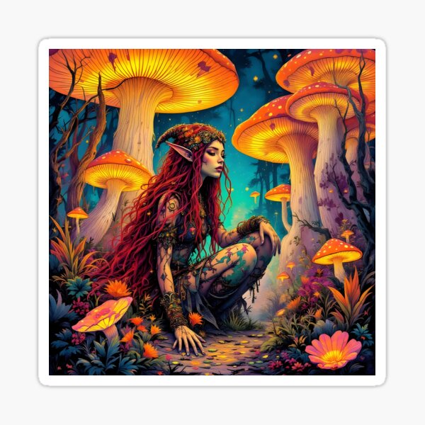 Psychedelic fairy between mushrooms Sticker