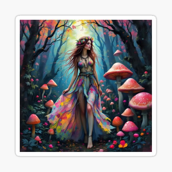 Forest fairy walking between mushrooms Sticker
