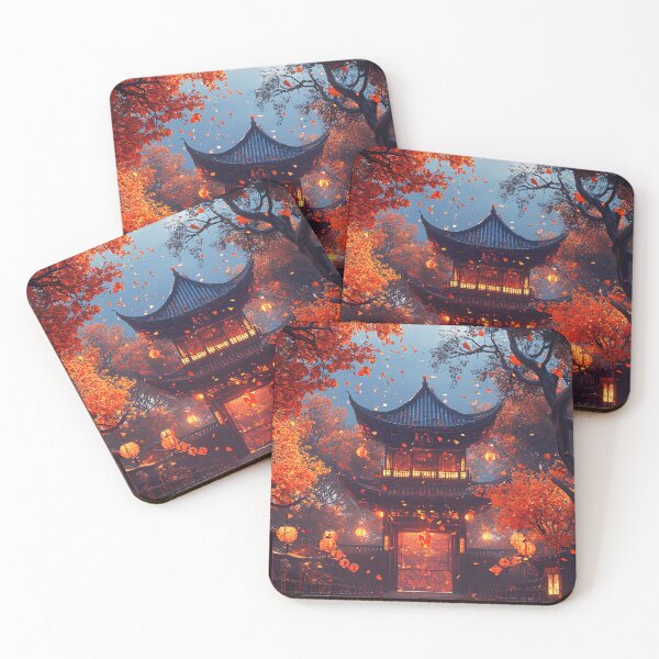 Item preview, Oriental temple in Autumn at sunset in Japan landscape art designed and sold by TheArtistOf2022.