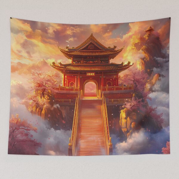 Item preview, Oriental temple at sunrise in Japan landscape art designed and sold by TheArtistOf2022.
