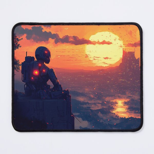 Item preview, Anime Robot watching sunset over Sci fi city designed and sold by TheArtistOf2022.
