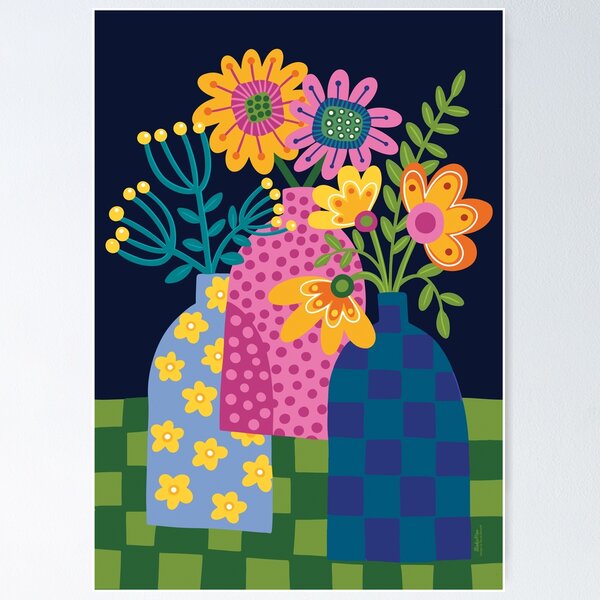 Aperçu de l'œuvre Marguerites folles dans trois vases à fond noir créée et vendue par Studio Moo Designs.