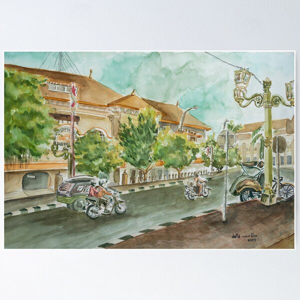 Aperçu de l'œuvre Aquarelle de paysage – Balade matinale sur la rue Malioboro créée et vendue par dellanaradika.