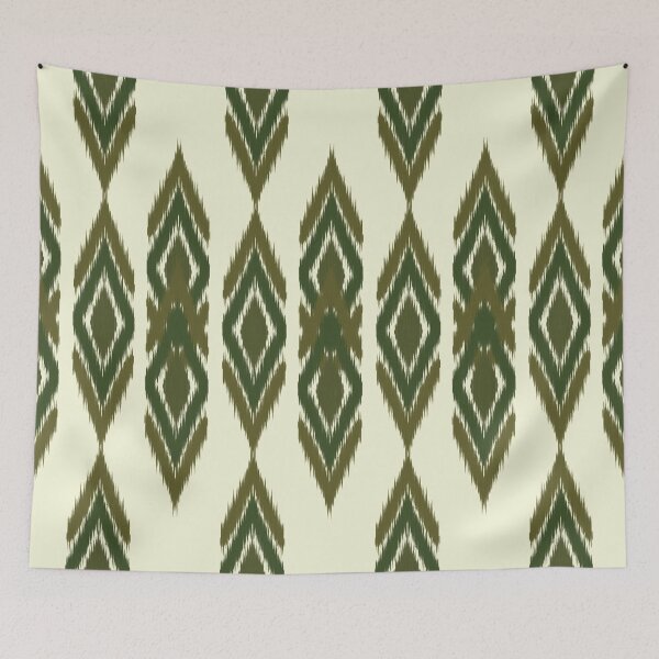 Item preview, Patrón de ikat sin costuras que presenta formas alargadas de diamantes verdes y marrones sobre un fondo crema, creando una sensación textil étnica y rica. designed and sold by Theerapol Buphasiri.