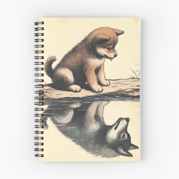 Artikelvorschau, Welpe sieht Wolf in Reflexionsillustration, KI-generierte Kunst entworfen und verkauft von ACC .