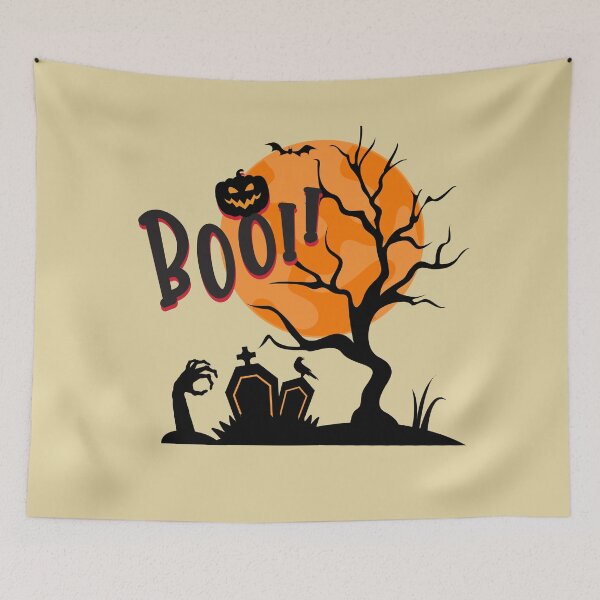Item preview, "Halloween Graveyard Scene – Zombie Hand Rising with 'Boo!' Under Full Moon Night" designed and sold by nuchy.