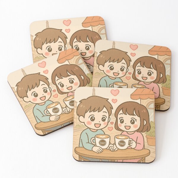 Item preview, Kawaii Couple Sharing Tully's Coffee at Parisian Cafe – Cute Romantic Illustration designed and sold by Inspired by CarMa.