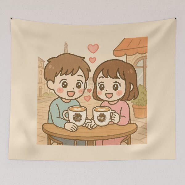 Item preview, Kawaii Couple Sharing Tully's Coffee at Parisian Cafe – Cute Romantic Illustration designed and sold by Inspired by CarMa.