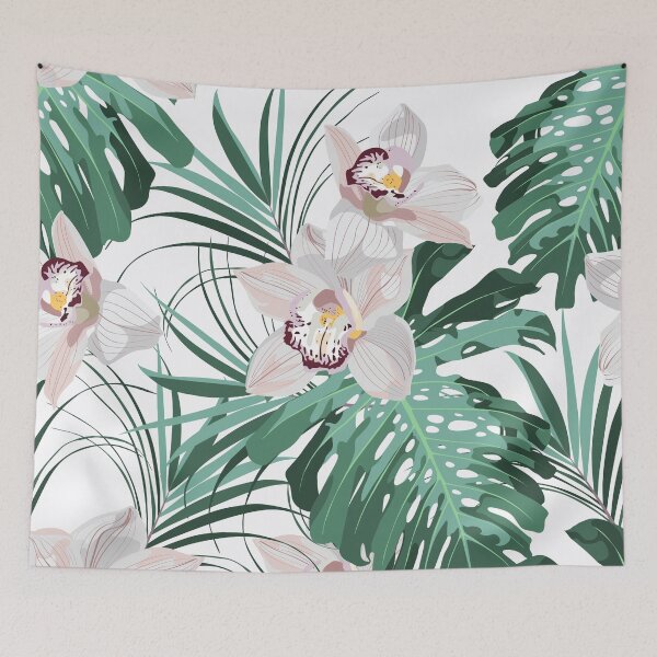 Item preview, Vintage colors seamless tropical pattern with colorful orchids flowers amd monstera palms. designed and sold by MatyKotiv.
